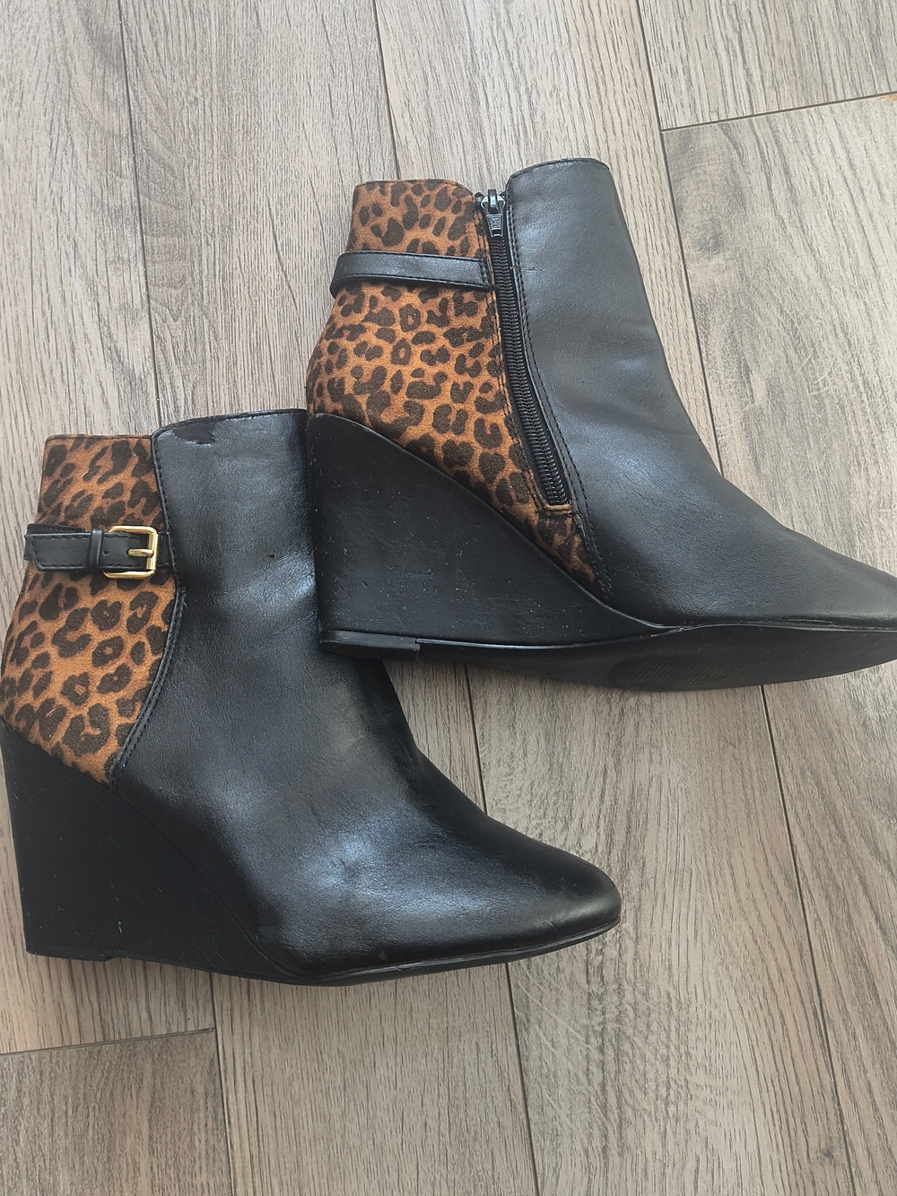 new directions Black Wedge Ankle Boots with Leopard Accent